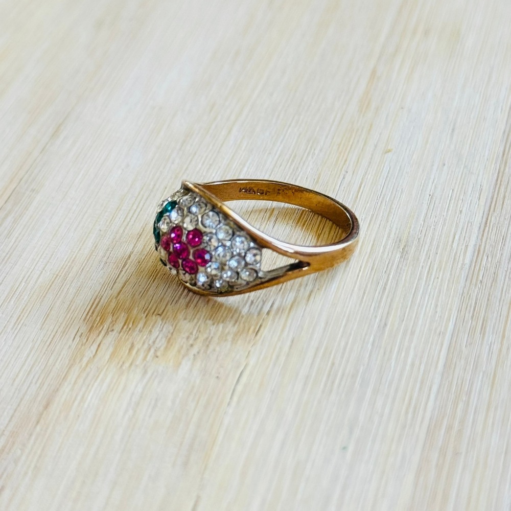 VTG 14K Gold Filled Flower Cocktail Cluster Ring Crystal Pave 70s Sz8.5 - Picture 2 of 7